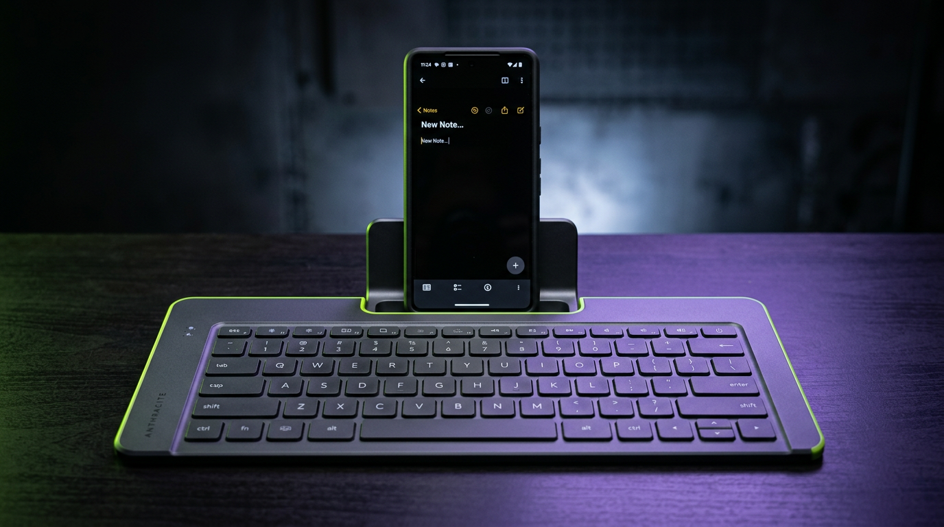 Antracit színű Kondesa Bluetooth billentyűzet telefonnal, limezöld és lila fényekkel