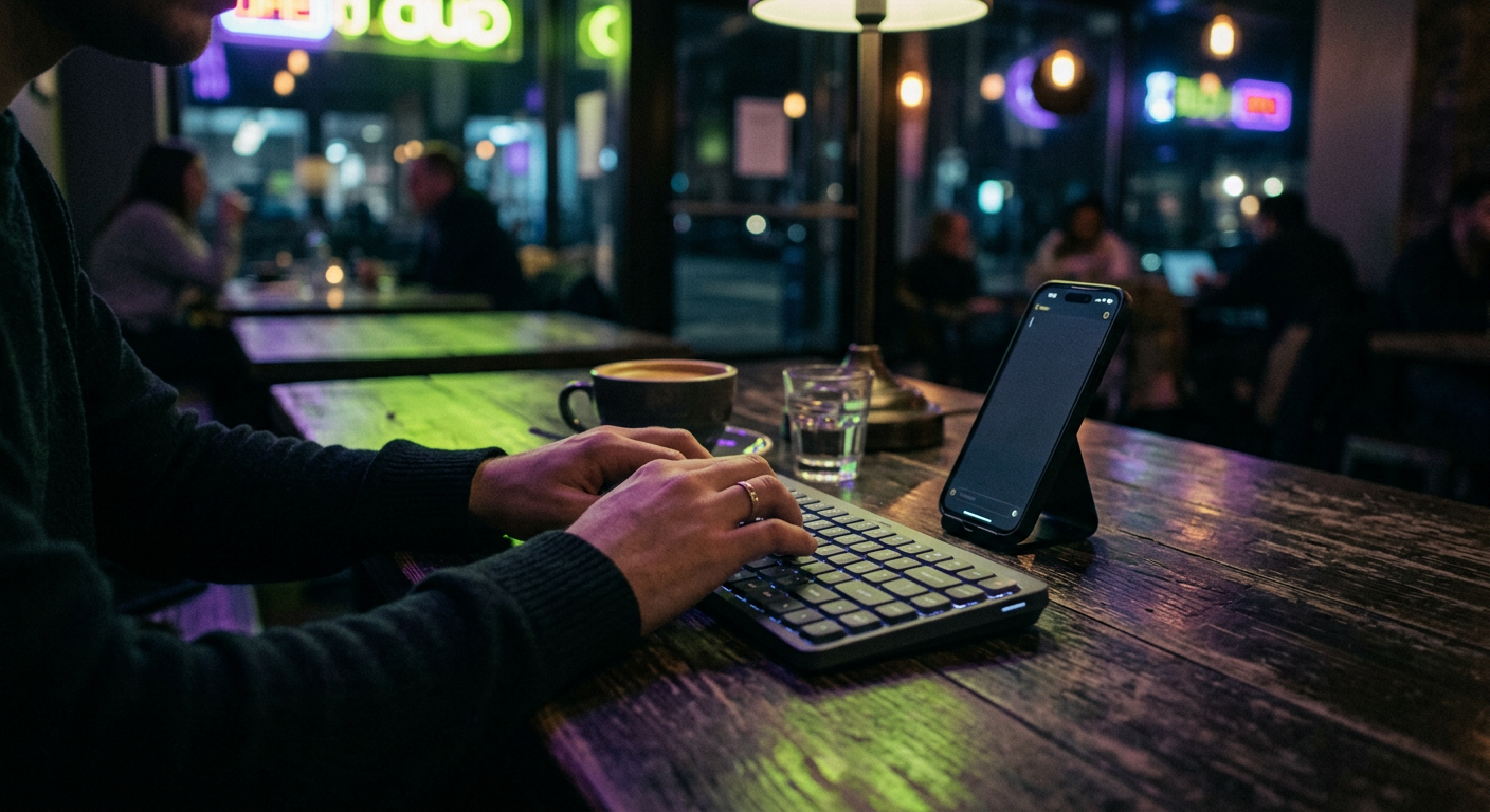 Kávézóban gépelő ember Bluetooth billentyűzettel és telefonnal
